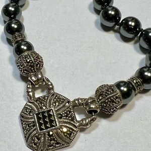 Simulated Pearls and Marcasite, sterling silver necklace by Judith Jack